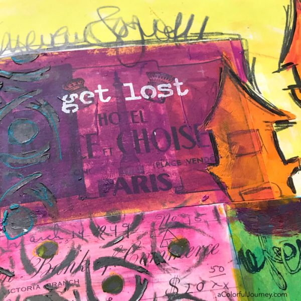 Getting lost in my art journal with color, Gelatos, stencils, and collage by Carolyn Dube