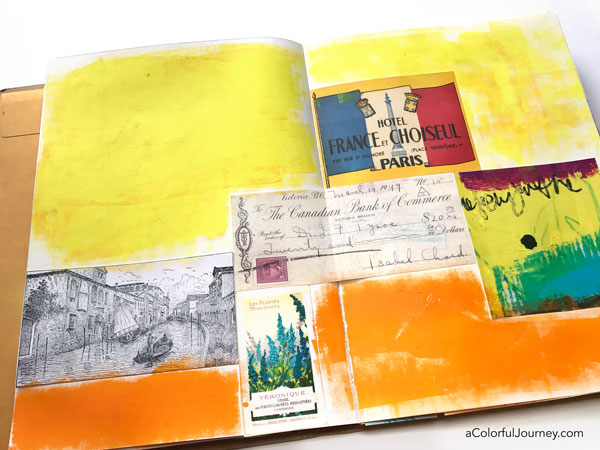 Getting lost in my art journal with color, Gelatos, stencils, and collage by Carolyn Dube