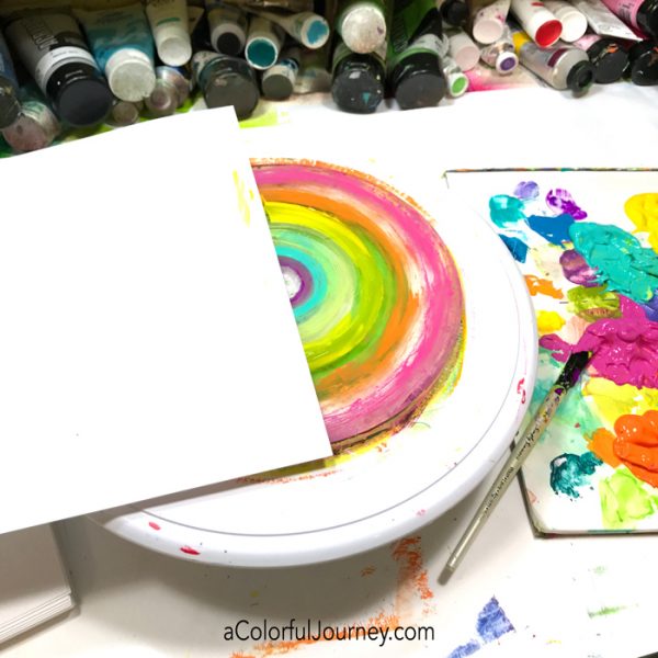 Gel printing rainbows with a round plate and a cake spinner video by Carolyn Dube