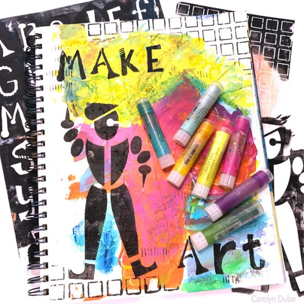 Using a dried up paint palette to start a stenciled art journal page - video tutorial by Carolyn Dube (so there's an OOPS or 3 in it!)