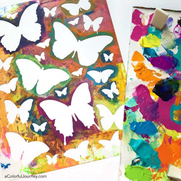 Gel printing and stenciled butterflies to help my Rainbowitis