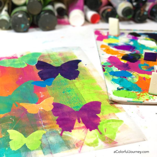Gel printing and stenciled butterflies to help my Rainbowitis