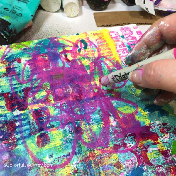 Playing around on a hot mess of a canvas with Stencilgirl stencils and distress crayons