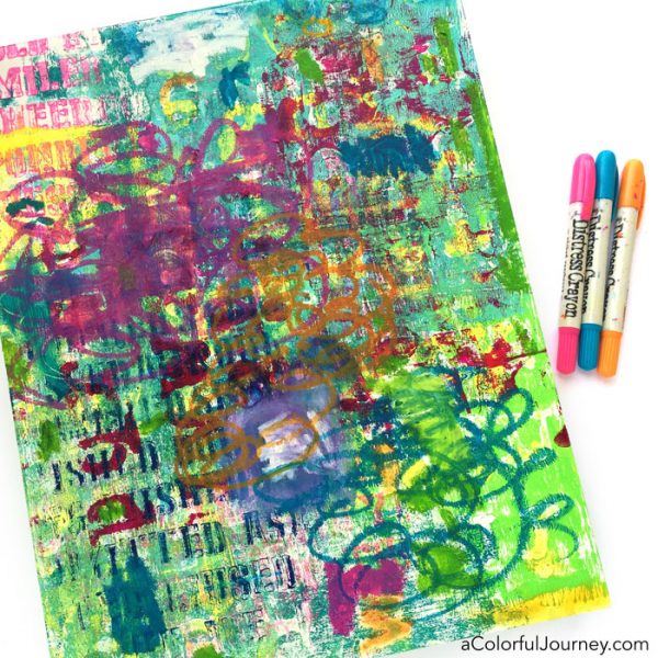Playing around on a hot mess of a canvas with Stencilgirl stencils and distress crayons