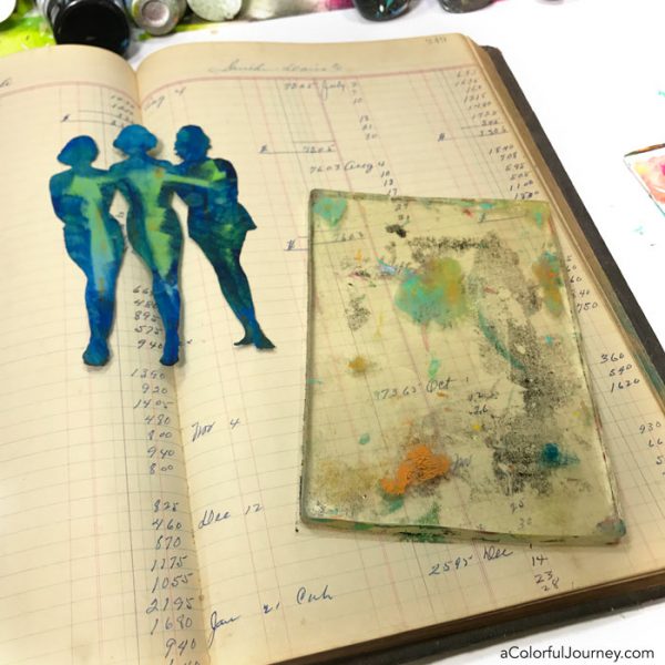 Gel printing in a vintage ledger as an art journal with stencils video tutorial by Carolyn Dube