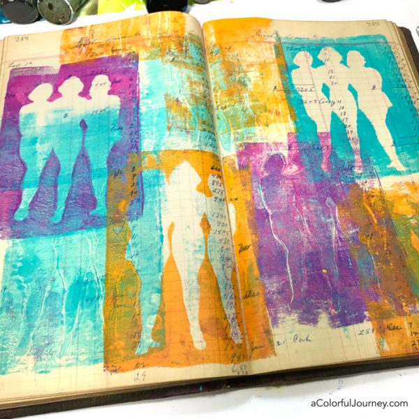 Gel printing in a vintage ledger as an art journal with stencils video tutorial by Carolyn Dube