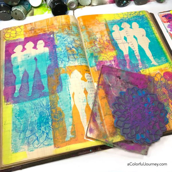 Gel printing in a vintage ledger as an art journal with stencils video tutorial by Carolyn Dube