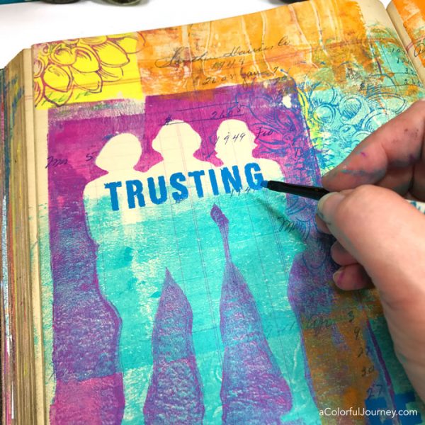 Gel printing in a vintage ledger as an art journal with stencils video tutorial by Carolyn Dube