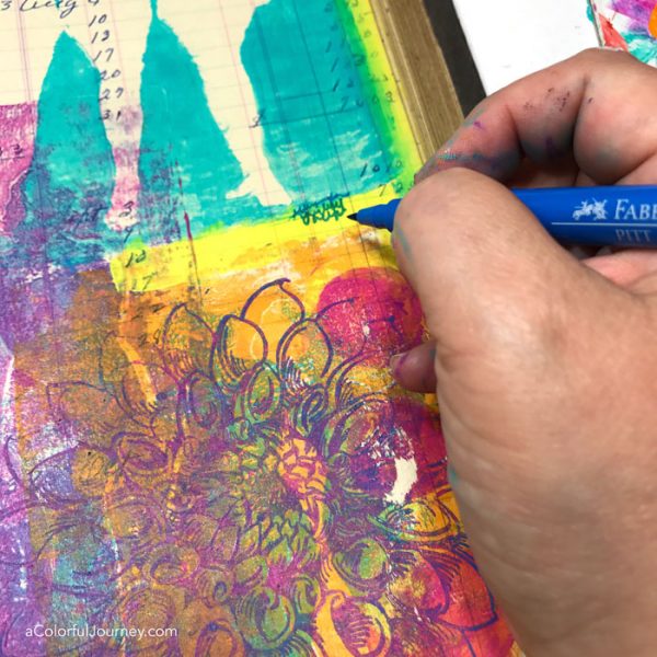 Gel printing in a vintage ledger as an art journal with stencils video tutorial by Carolyn Dube