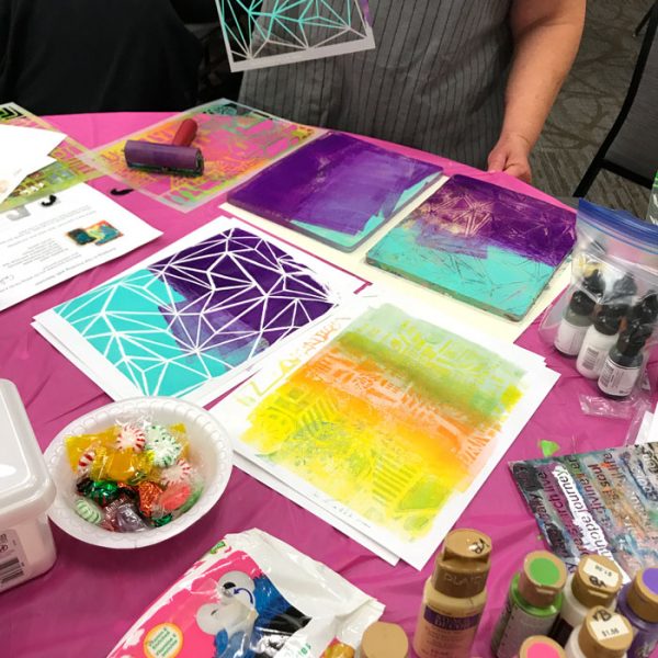 Jumping into Gel Printing with Stencils workshop with Carolyn Dube