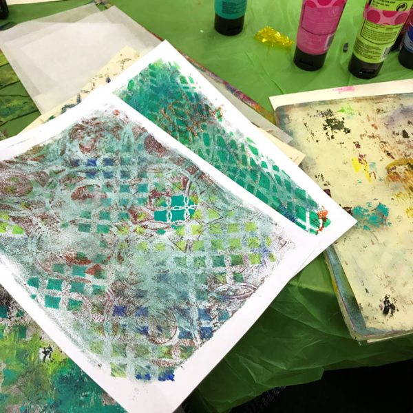 Jumping into Gel Printing with Stencils workshop with Carolyn Dube