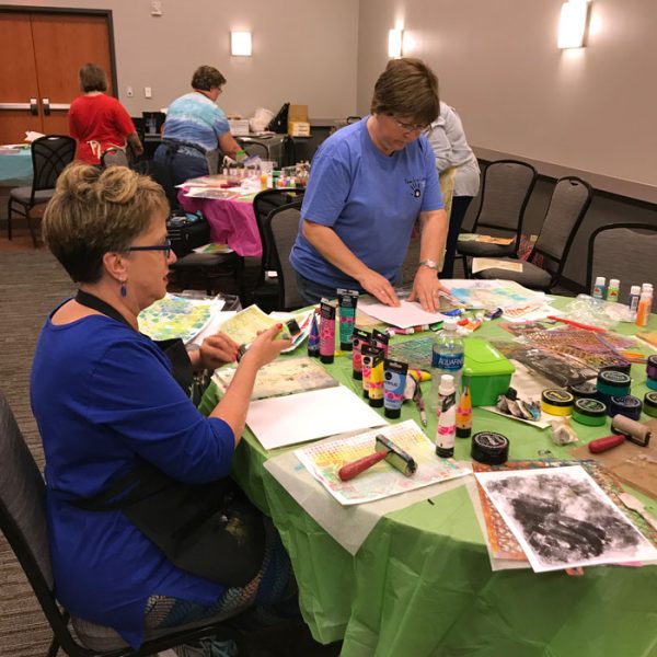 Jumping into Gel Printing with Stencils workshop with Carolyn Dube