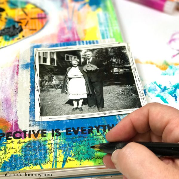 A surprise in my art journal courtesy of a vintage photo...video of the play with StencilGirl stencils, Darkroom Door stamps, gel plate, and more by Carolyn Dube!