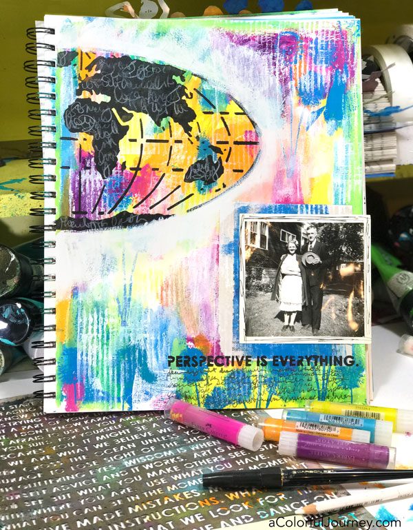 A surprise in my art journal courtesy of a vintage photo...video of the play with StencilGirl stencils, Darkroom Door stamps, gel plate, and more by Carolyn Dube!