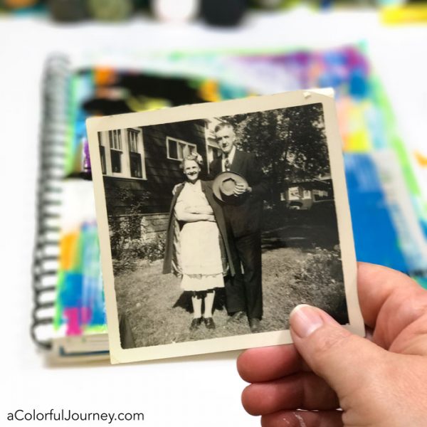 A surprise in my art journal courtesy of a vintage photo...video of the play with StencilGirl stencils, Darkroom Door stamps, gel plate, and more by Carolyn Dube!