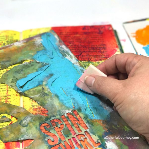 Stenciling with a mask in a gel printed altered book art journal video tutorial by Carolyn Dube