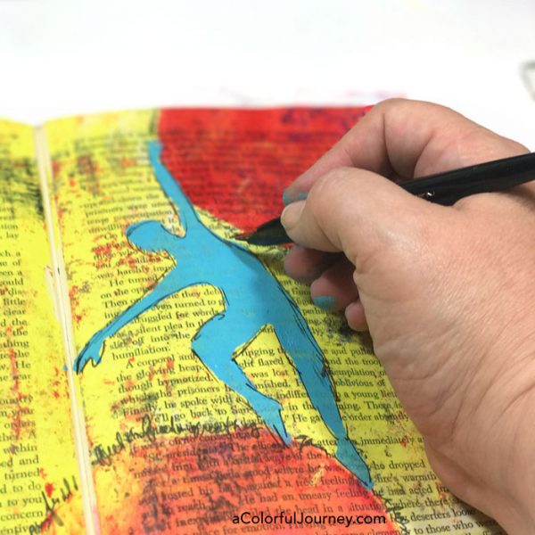 Stenciling with a mask in a gel printed altered book art journal video tutorial by Carolyn Dube