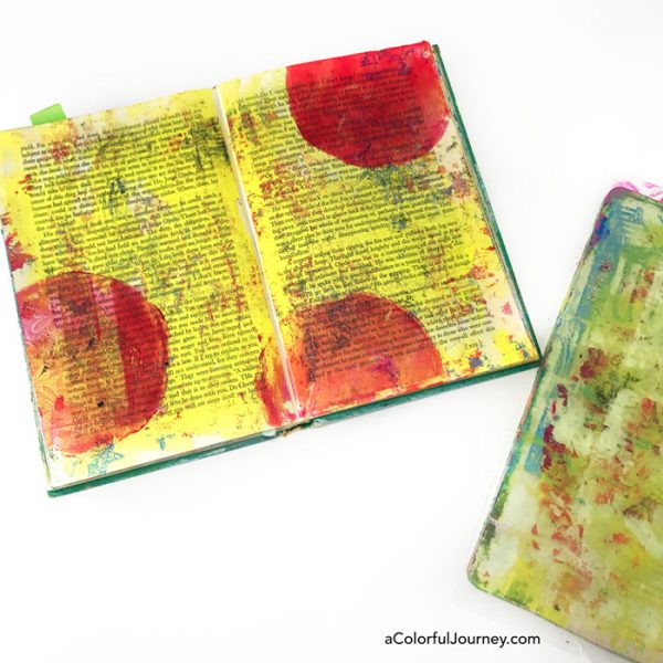 Stenciling with a mask in a gel printed altered book art journal video tutorial by Carolyn Dube