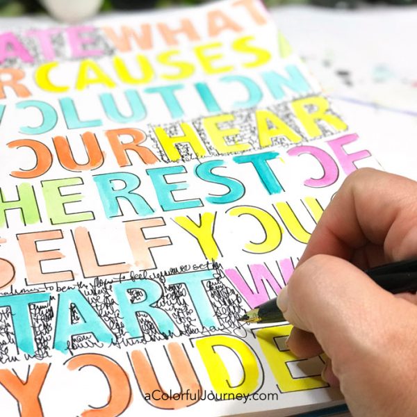 How to Stencil a Quote, from Elizabeth Gilbert, with a Pen in an Art Journal video tutorial by Carolyn Dube using a StencilGirl stencil, QoR watercolors, and a Pitt Pen