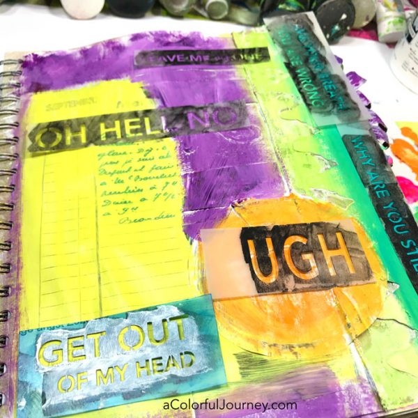 Putting my perfectionism in it's place with the help of my inner teenager while art journaling video by Carolyn Dube using StencilGirl stencils