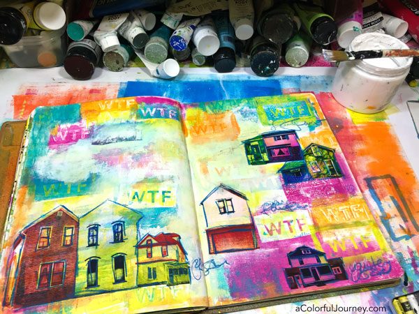 Image transfer cheat in an art journal plus a gel printing the colorful background video by Carolyn Dube