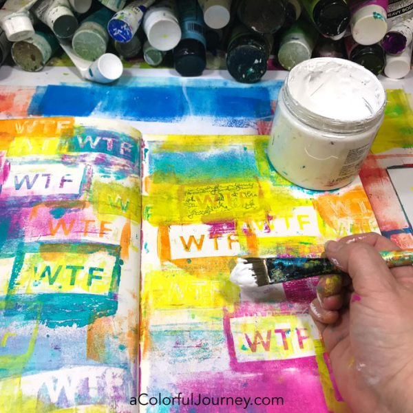 Image transfer cheat in an art journal plus a gel printing the colorful background video by Carolyn Dube