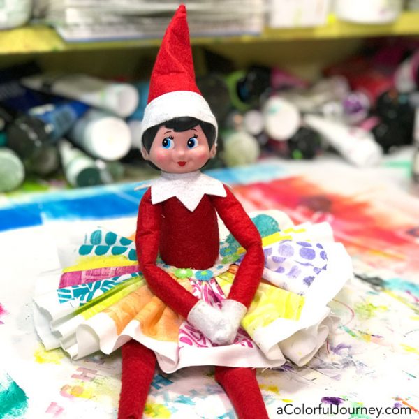 Making a Skirt for the Elf on The Shelf with Gel Printed Fabric and glue by Carolyn Dube