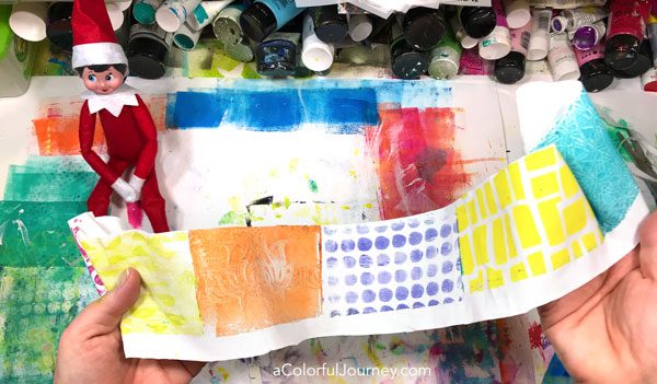 Making a Skirt for the Elf on The Shelf with Gel Printed Fabric and glue by Carolyn Dube