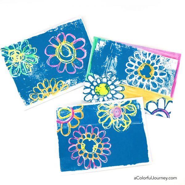 Gel printing in an art journal and making clean up prints on envelopes plus how to use watercolor pencils to add the rainbow video tutorial by Carolyn Dube